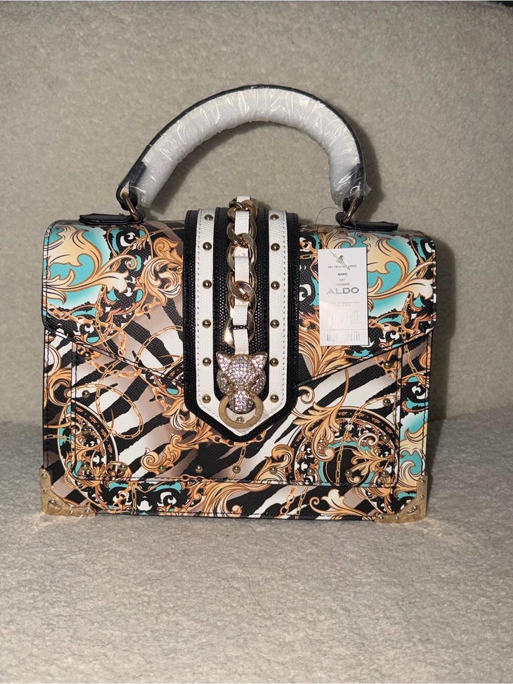 Aldo Turquoise, Black & Gold Baroque Satchel